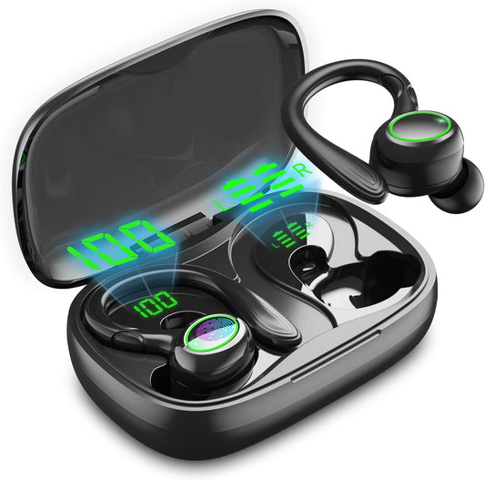 Wireless earphones,60 Hourly Playback Bluetooth 5.3 Headset,Belt LED Battery Monitor Noise Reduction Wireless Headset,Microphone Clear Call,IPX6 Waterproof Bluetooth Headset,Suitable for Exercise(Black)